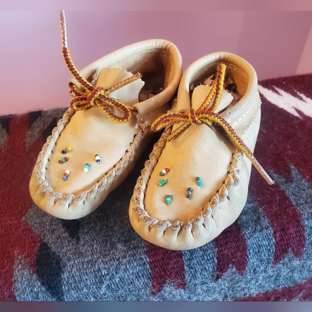 Handcrafted Tan Leather Kids Moccasins, Size 7